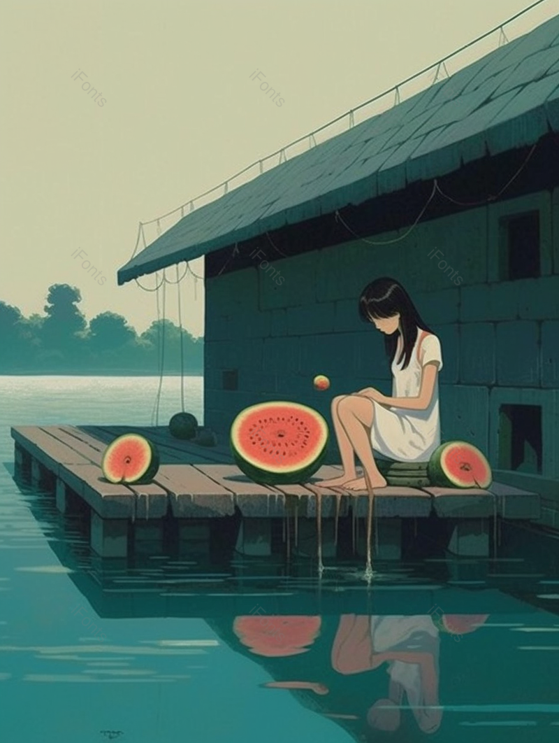 绿色傍晚池塘边吃西瓜的少女插画,插画/手绘图,插画/手绘图库,插画/手绘图下载,插画/手绘